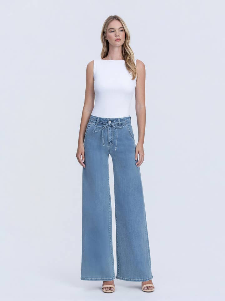 HIGH RISE MEDIUM WASH WAIST TIE PALAZZO JEANS T7010 for wholesale by VERVET by FLYING MONKEY