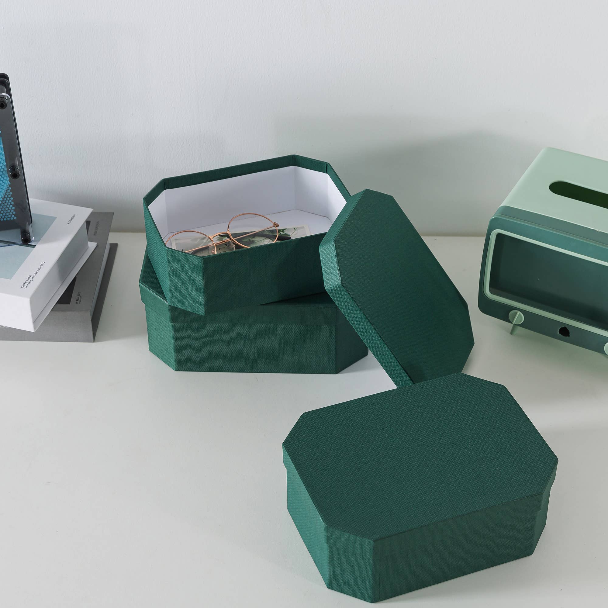 Soul & Lane - Wholesale Decorative Box - Set of 3 Forest Green Octagon Textured Decorative Boxes4