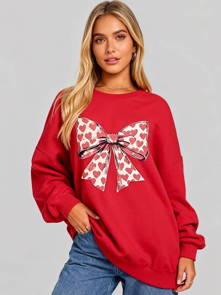 Sudadera de cuello redondo con lazo de corazón de San Valentín para mujer para venta al por mayor de Sweetkama