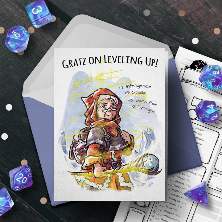 Carte d'anniversaire « Gratz on Lvling Up » Wizard - D&D Nerdy Gamer pour la vente par Aaron Millard Illustration