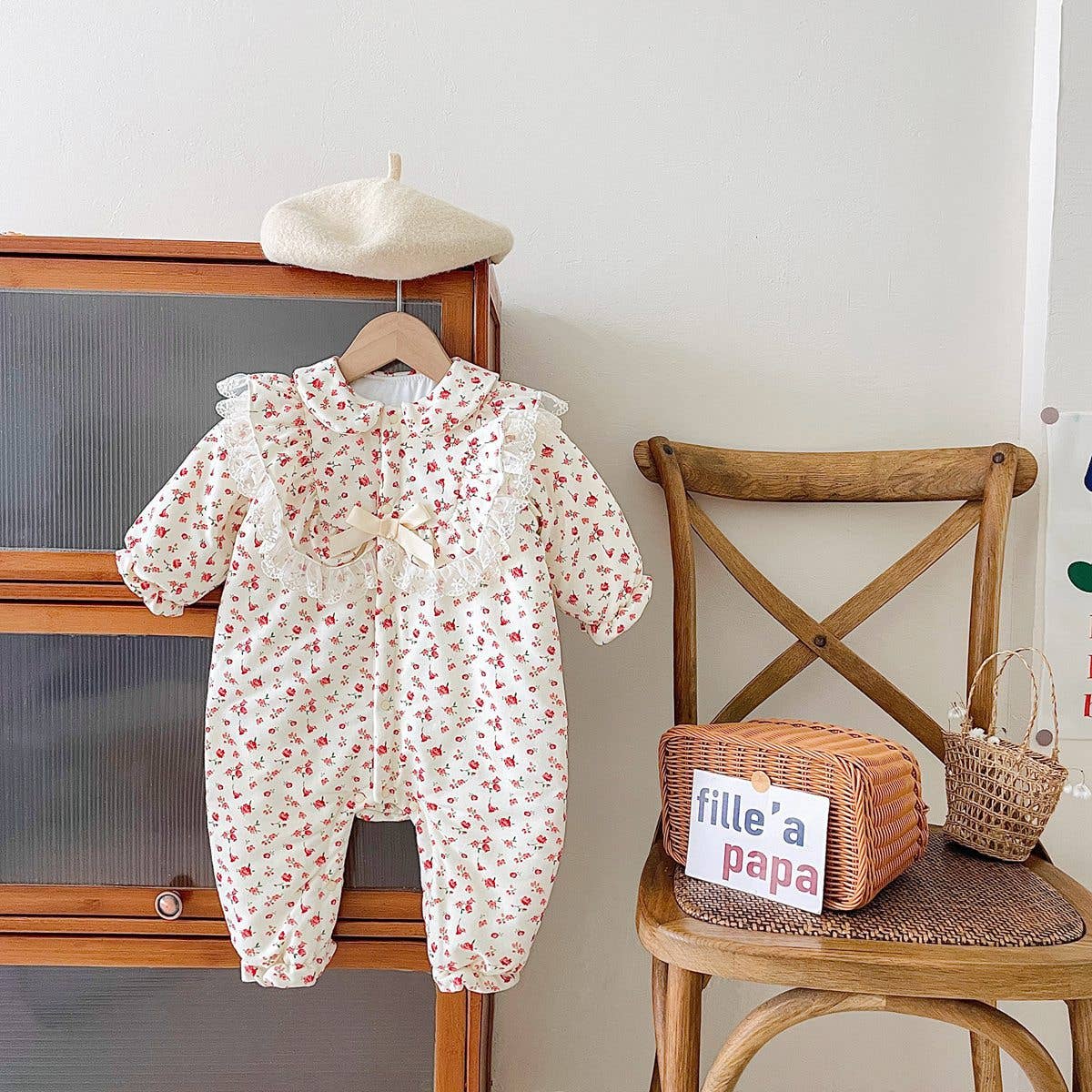 Rouge Ensembles de barboteuse Lolita pour bébé fille avec motif fleuri à petites fleurs et design patchwork en maille en vente sur Faire1