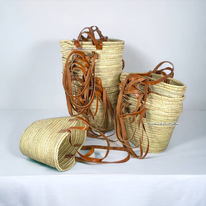 HandmadeBestSeller – wholesale Beach bag – French Market Basket With Leather Handles, Straw bag