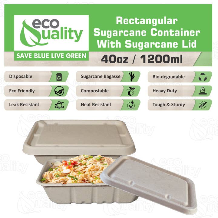 40oz Sugarcane Fiber Bowl with Sugarcane Lid Compostable Disposable Oblong Food Prep Storage for wholesale by EcoQuality