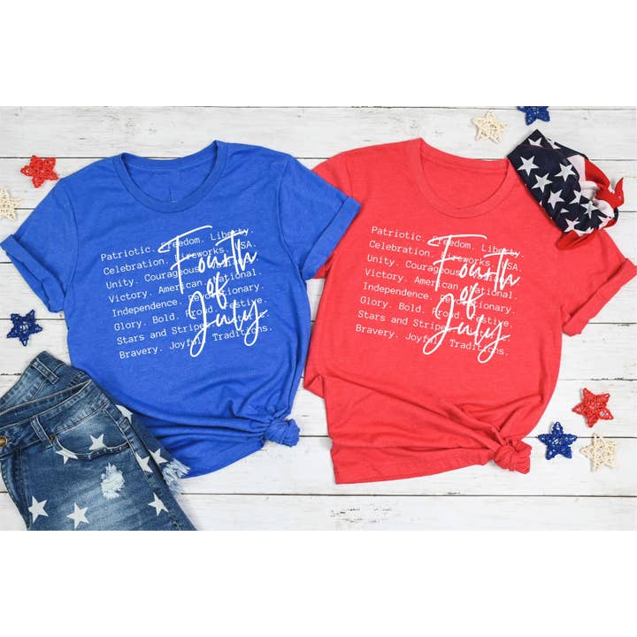 Fox and Owl Apparel - Wholesale Screen Printed T-Shirt - Women's - NEW ROYAL BLUE 4TH OF JULY WORDS BELLA CANVAS GRAPHIC TEE