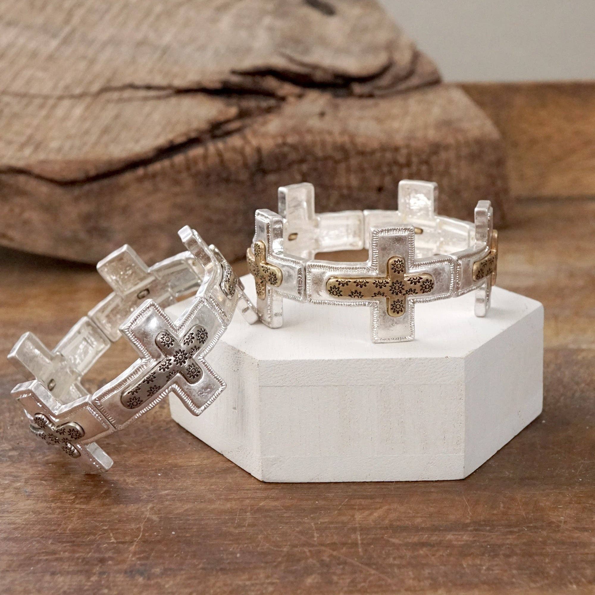 PennyLine inc - Vente Bracelet manchette - Bracelet en forme de croix en argent usé, ton or, style bohème2