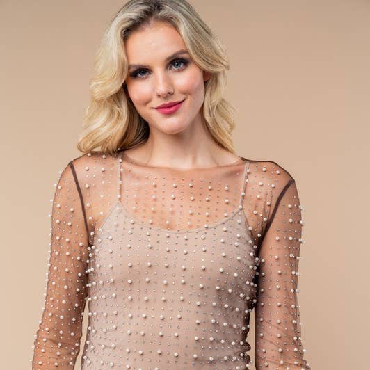 White Birch långärmad metallic mesh-topp med pärlbroderi och båtringning för wholesale av White Birch