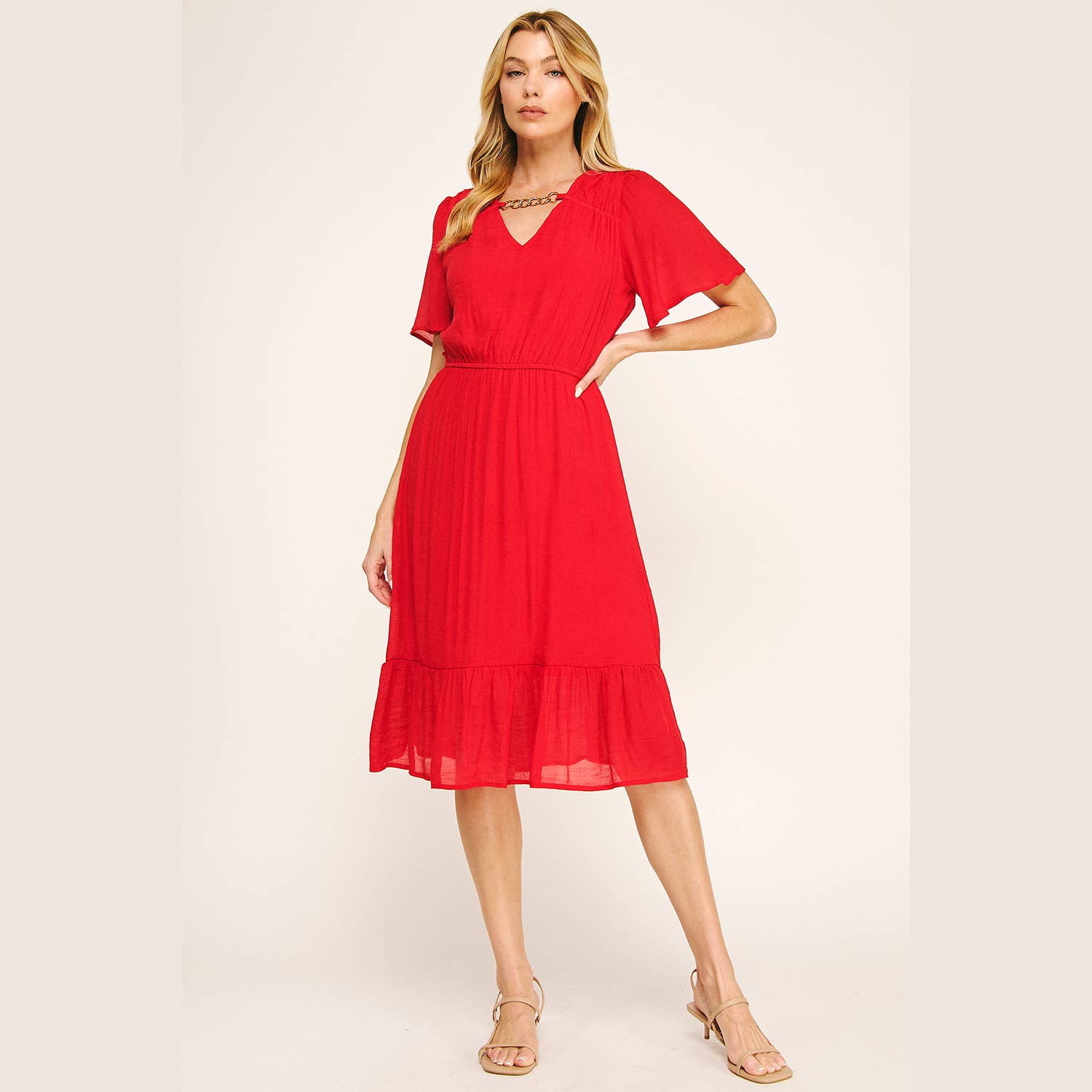 Winslow Collection - Wholesale Dress - Women's - FLUTTER SLEEVE NECKLACE DETAIL PRINTED MIDI DRESS21