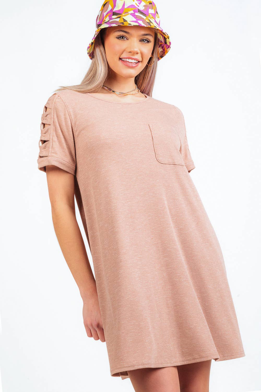 VERY J - Wholesale Dress - Women's - ND30836-Ruched Cutout Sleeve Tee Dress0