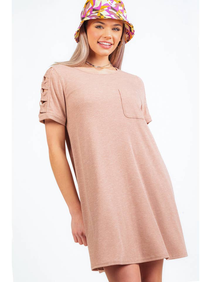 VERY J - Wholesale Dress - Women's - ND30836-Ruched Cutout Sleeve Tee Dress