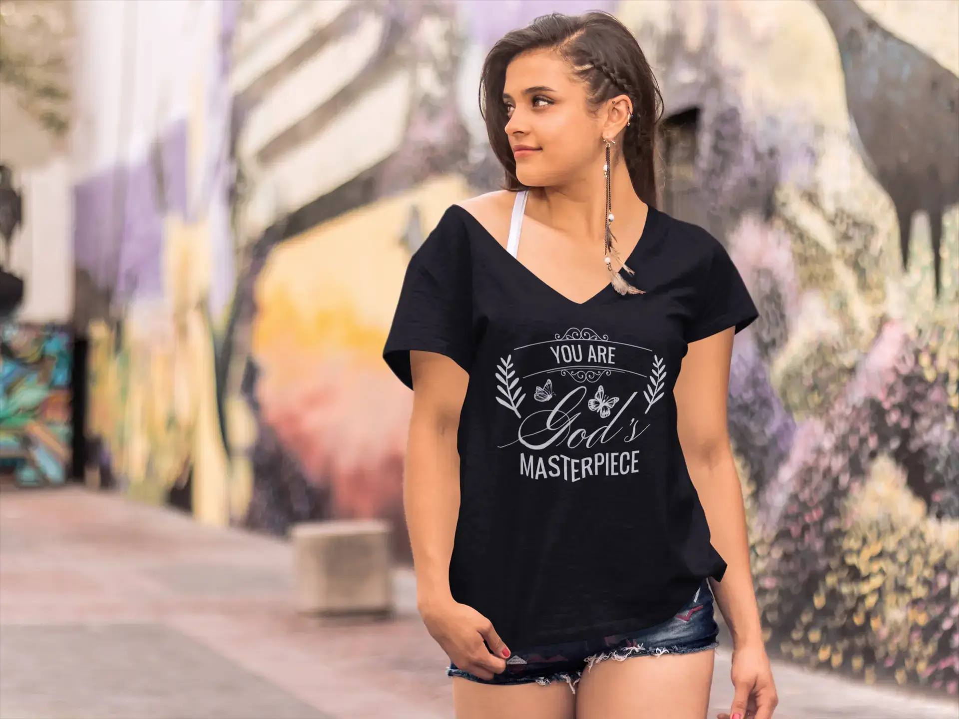 Black ULTRABASIC Women's V Neck T-Shirt You Are God's Masterpiece - Religious Motivational Quote for wholesale on Faire1