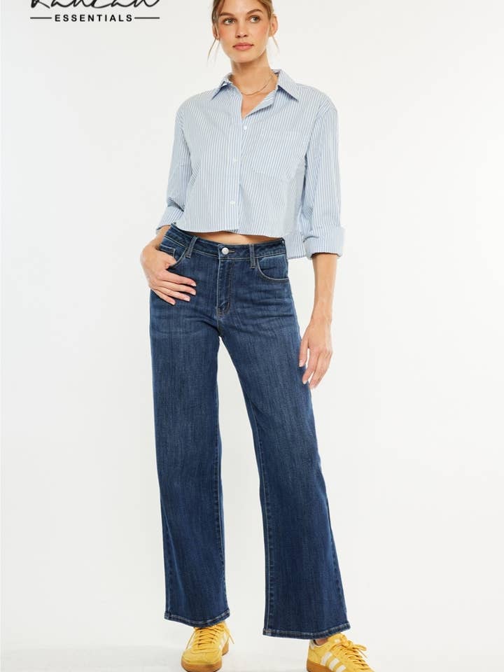 CRATER JEANS ÉVASÉS TAILLE HAUTE À JAMBE LARGE OUVERTS-KC20030D pour la vente par Kan Can USA