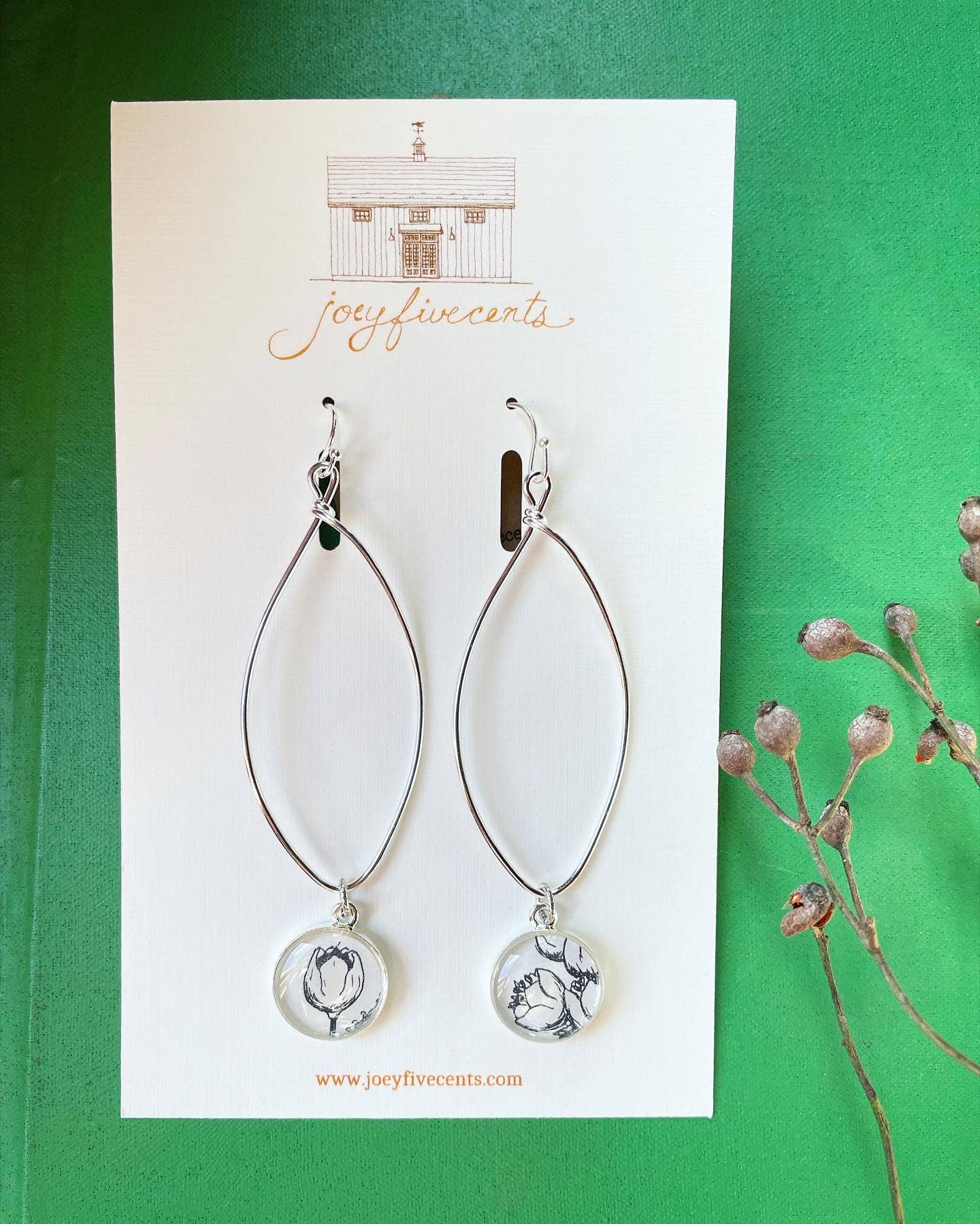 joeyfivecents - Wholesale Dangle Earrings - Silver Navette Drop Earrings - b&w botanicals , garden6