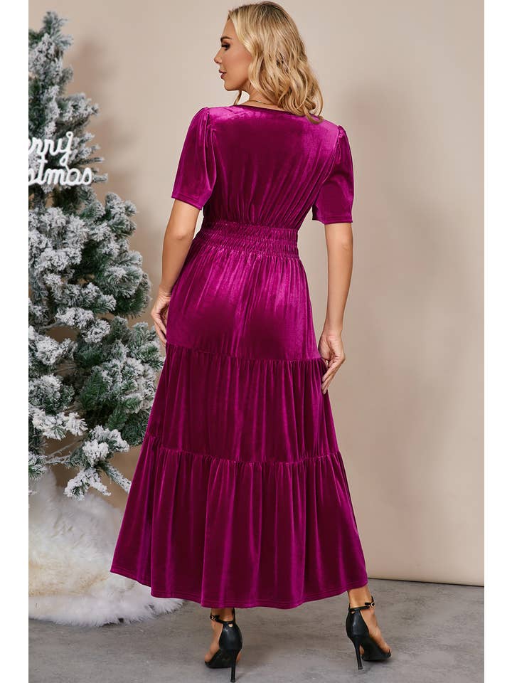Aapparella - Wholesale Dress - Women's - Chic Velvet Shirred Waist Tiered Fall Maxi Dress | S-XL