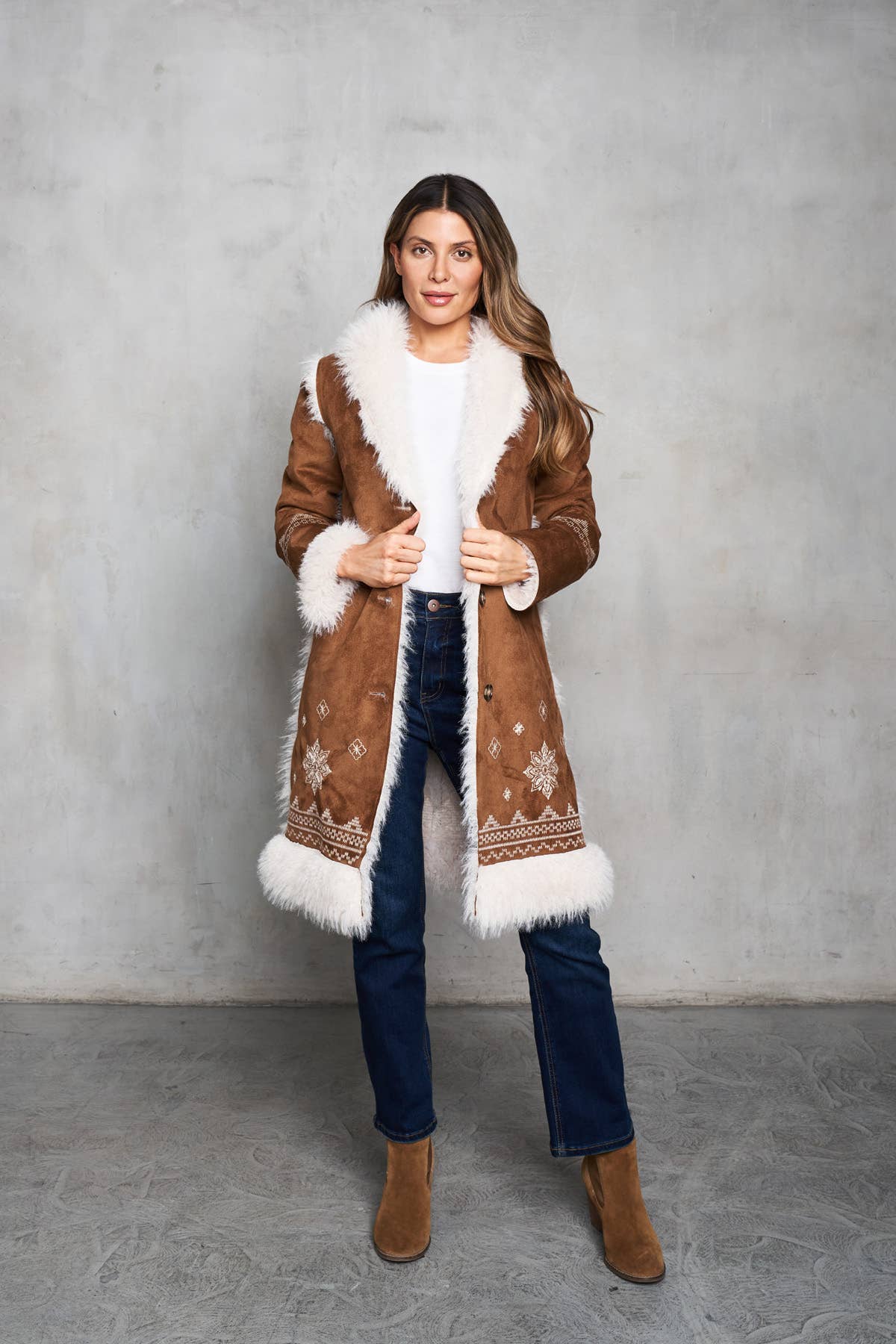 Camel 4688-SBJ Faux Suede & Shearling Embroidered Coat for wholesale on Faire