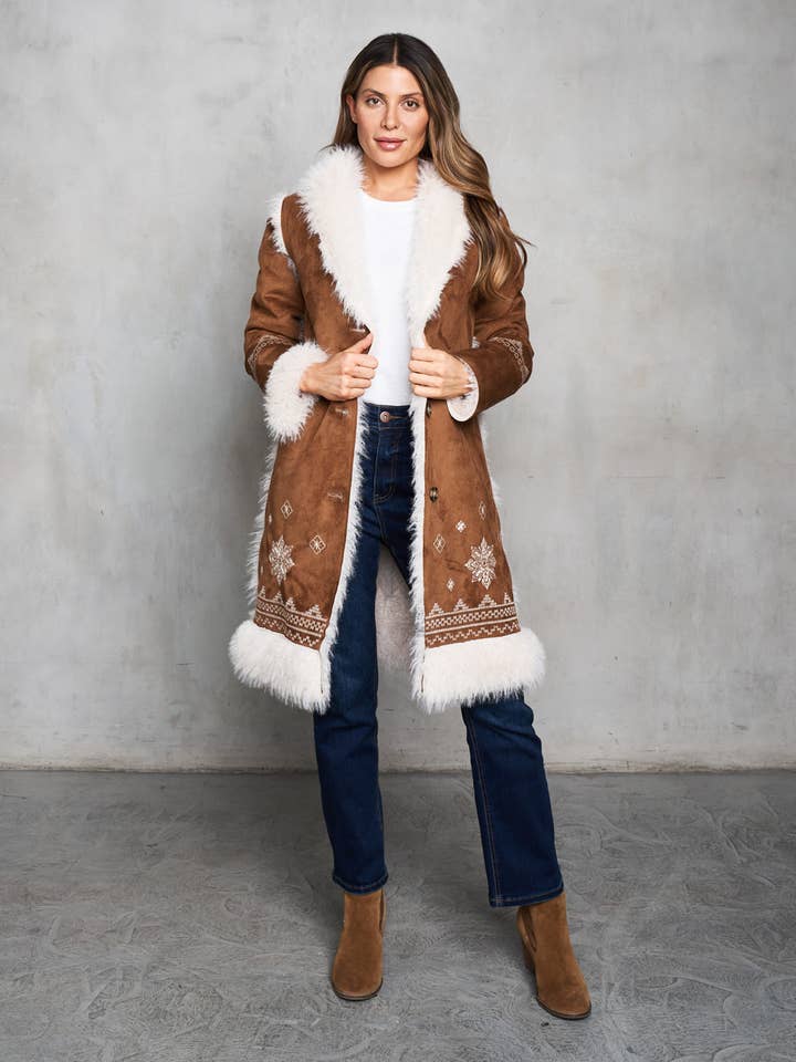 Camel 4688-SBJ Faux Suede & Shearling Embroidered Coat for wholesale on Faire0