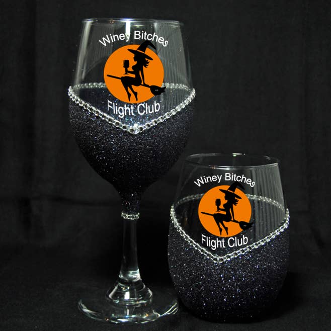 WineyBitches.Co - Wholesale Wine Glass - Flight Club (Witch on Broom) – Bling Glitter Glass Wine Glasses (Halloween Collection)27