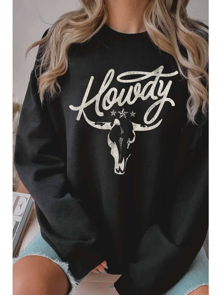 Rustee Clothing - Wholesale Graphic Sweatshirt - Women's - HOWDY COW SKULL GRAPHIC BRUSHED SWEATSHIRTS