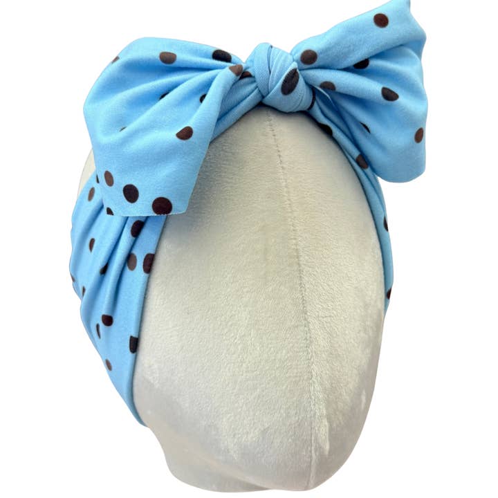 Y2K Blue & Brown Polka Dot Top Knot Headband for wholesale by The Sassy Olive Handmade Headbands