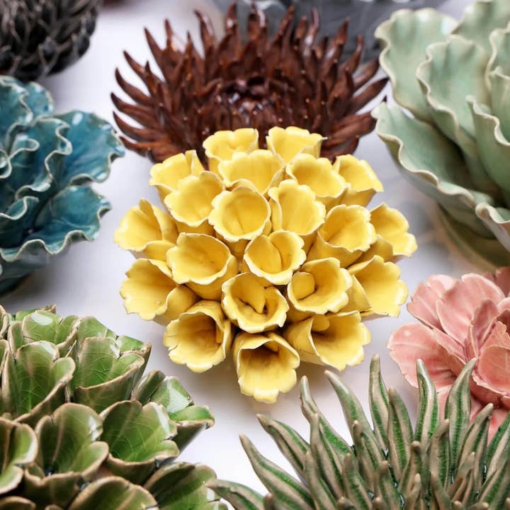 Ceramic Flower Wall Art Polyp Yellow Medium 5 for wholesale on Faire