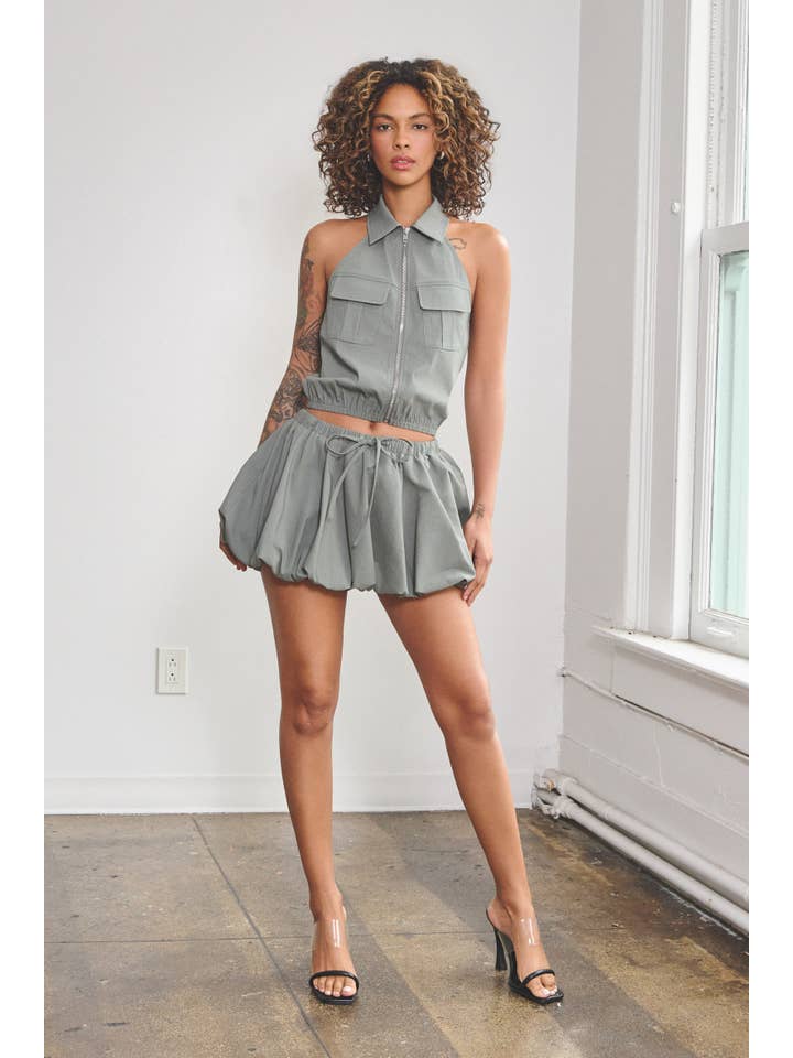 No Vacancy - Wholesale Top & Skirt Set - Women's - Stretchy woven collared top & bubble skort set4