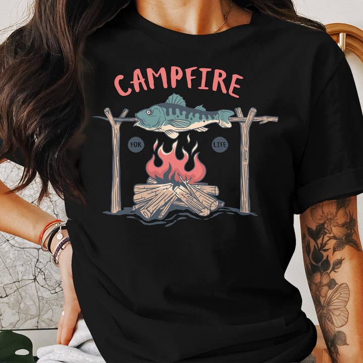 Campfire Life T-Shirt, Outdoor Adventure Graphic Tee, Fish & Fire Camping Shirt, Unisex Nature Lover Top, Gift for Campers for wholesale by Howlydog Studios