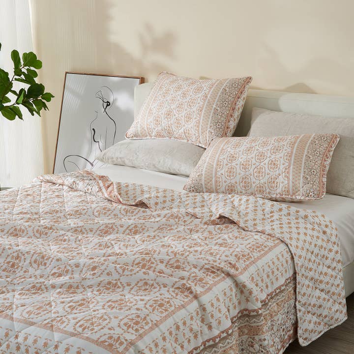 Gold Boho Printed Bordered Quilt Set with Shams for wholesale on Faire