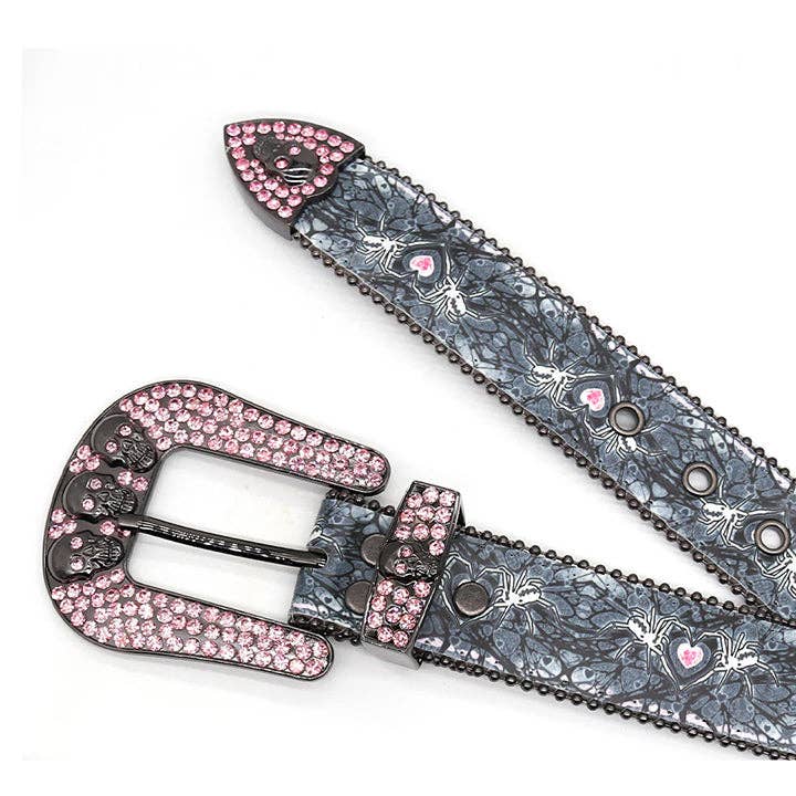 Nero Cintura a forma di ragno con fibbia a forma di teschio e strass rosa in vendita all'ingrosso su Faire