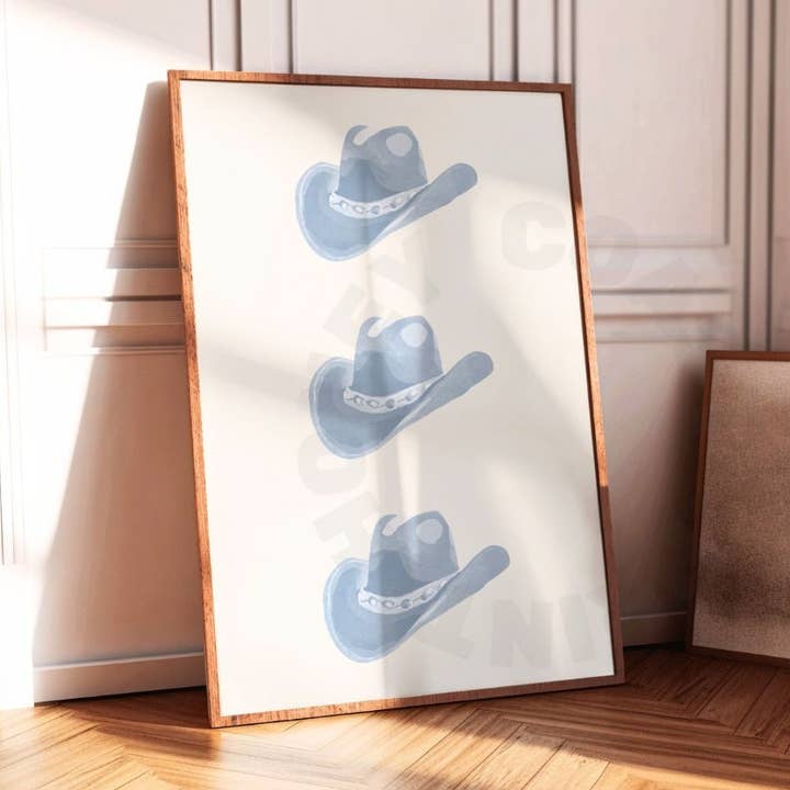 Watercolor Cowboy Hat Wall Art Coastal Blue Prints for wholesale by Honey Coast Print Co.