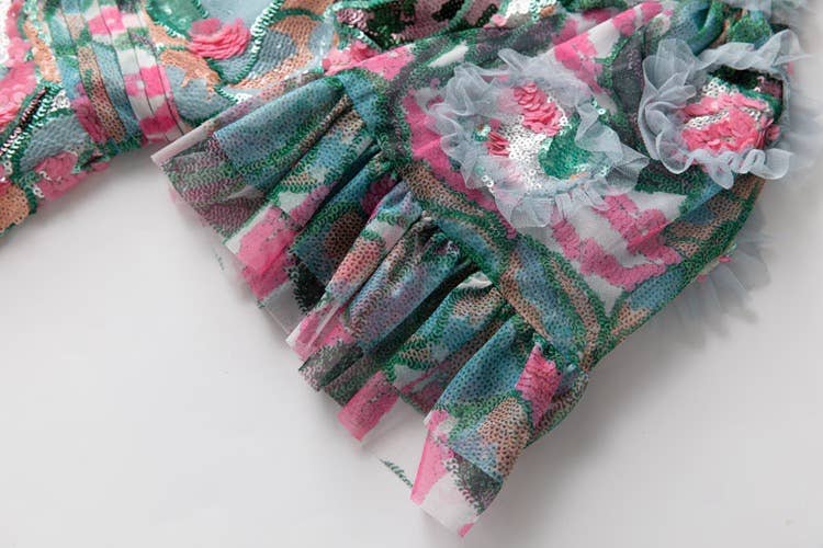 Color as pictures DR592Y Hand-Printed Lotus Leaf Lace Dress with Beaded Detail for wholesale on Faire9