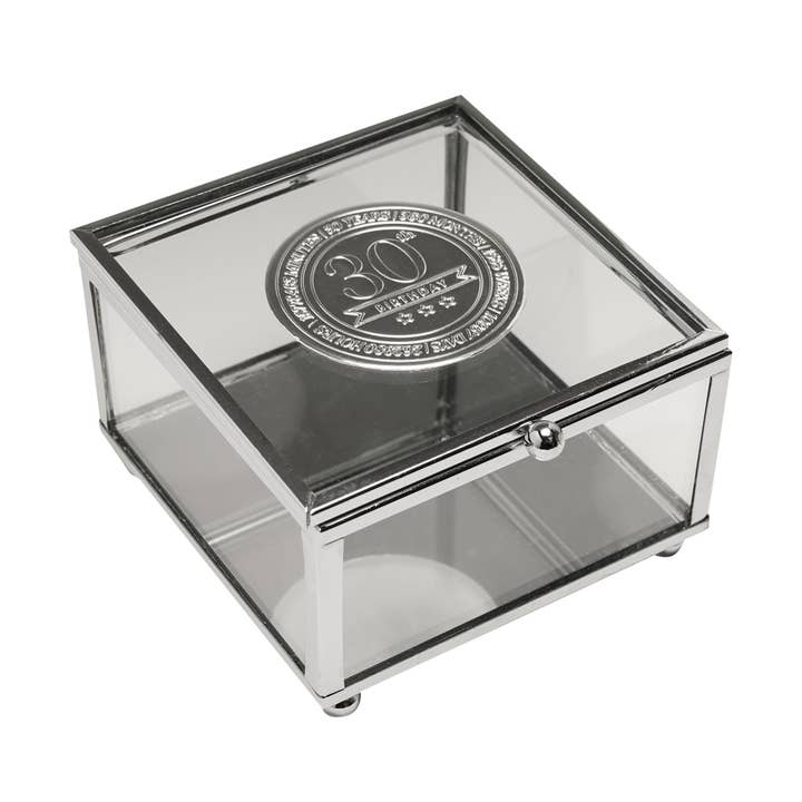 Milestones Glass Trinket Box with Metal Badge 15cm - 30 for wholesale by WIDDOP and Co.