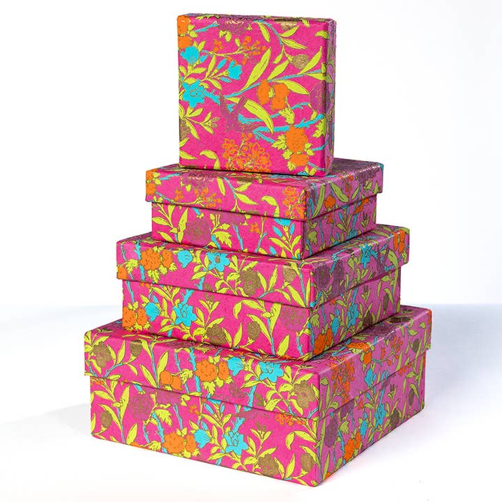 Globe Enterprise - Wholesale Gift Box - Pink Floral Vine Handmade Paper Gift Box Set -4 Square Boxes