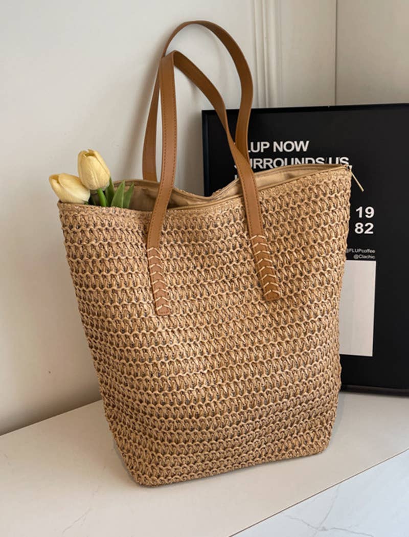EmberLoom - Wholesale Beach Bag - Woven Straw Tote with Leather Handles6