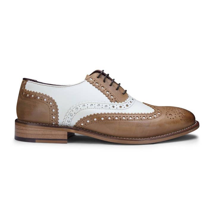Tan Mens Classic Oxford Tan/White Leather Gatsby Brogue Shoes for wholesale on Faire