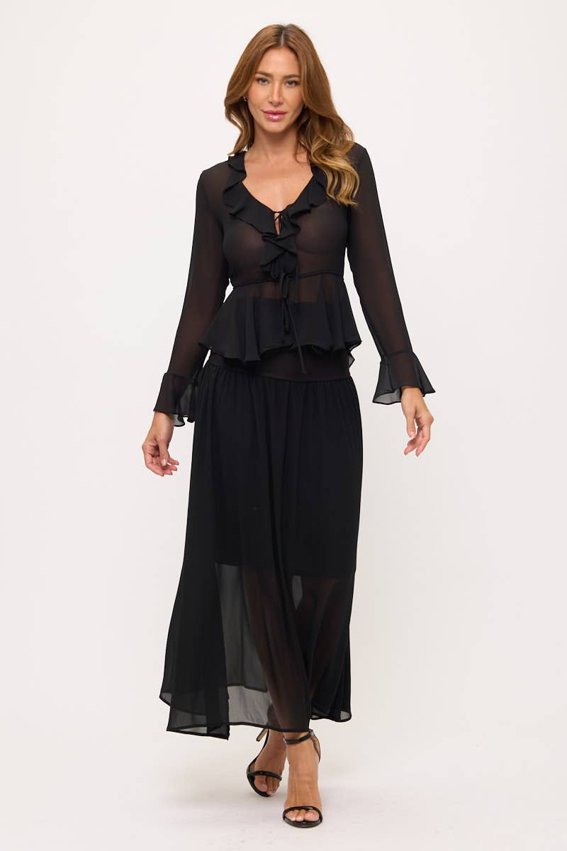 Black Made in USA Long Sleeve Sheer Ruffle Blouse for wholesale on Faire4