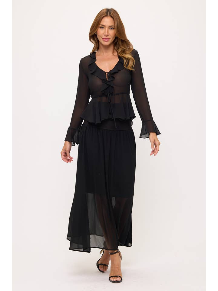 Black Made in USA Long Sleeve Sheer Ruffle Blouse for wholesale on Faire4