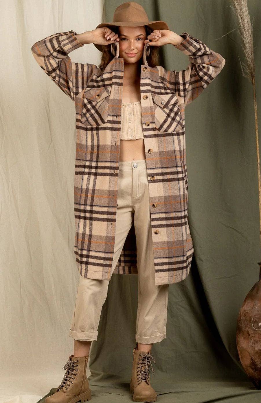 HIDDENBRAND - Wholesale Shirt Jacket/Shacket - Women's - Long Plaid Jacket With Large Lapel Pockets15