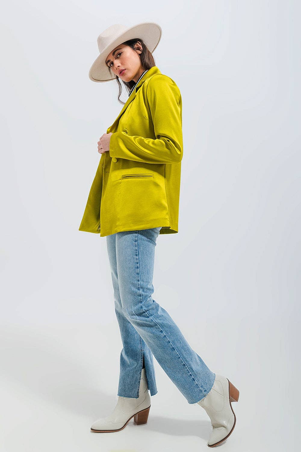 Double breasted satin blazer in lime green for wholesale on Faire3