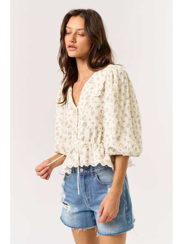 CREAM ILT2370-2 3/4 Puff Sleeve Lace Trim Floral Blouse for wholesale on Faire
