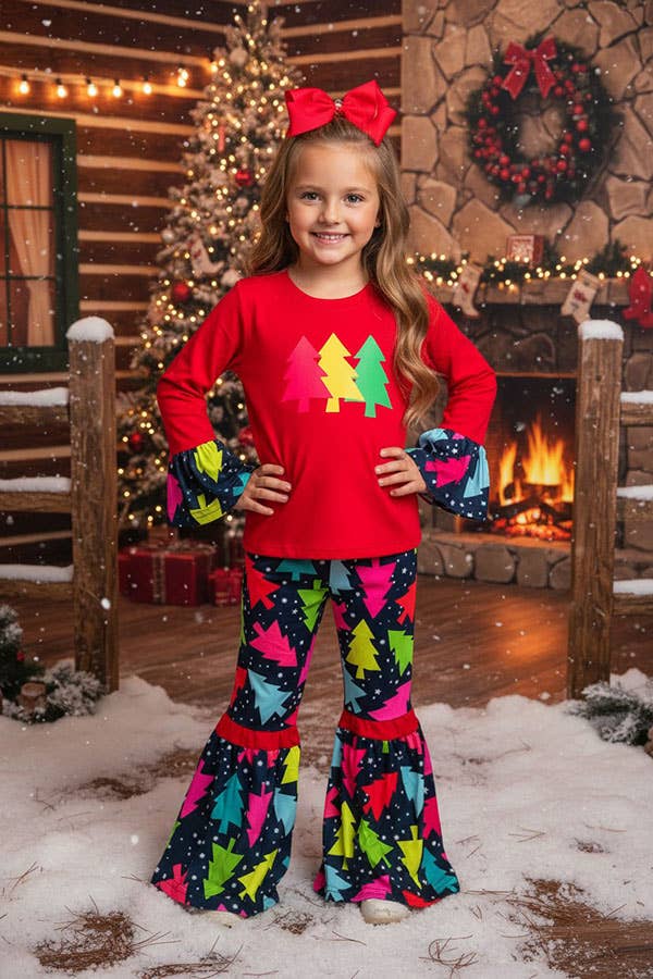 luluclothes - Wholesale Top & Pant Set - Kids - DLH0824-2 Christmas trees prints red top pant girls sets0