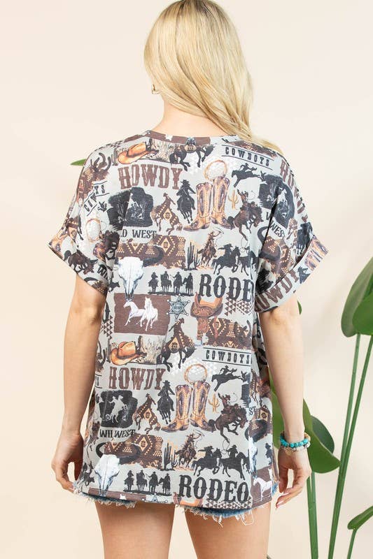 Gris/Marrón AT1291-TOP DE PUNTO AJUSTE RELAJADO CON ESTAMPADO OCCIDENTAL AUDREY de venta al por mayor en Faire13