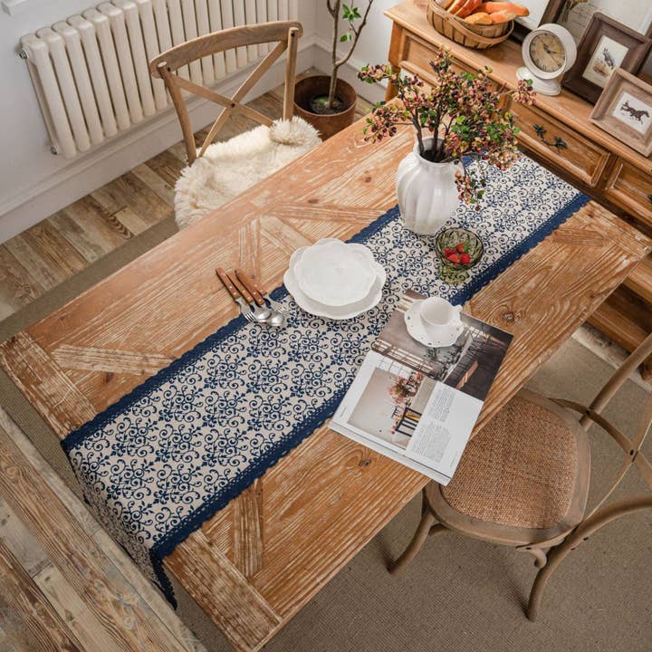 33*180cm Floral Embroidered Table Runner with Crocheted Lace for wholesale by AK Brand