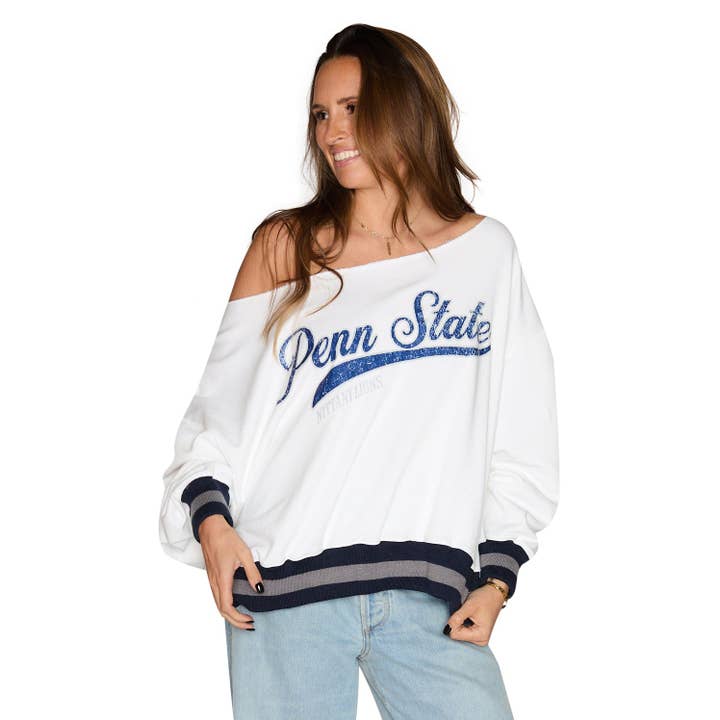 Penn State Vintage Off the Shoulder Sweatshirt for wholesale by Lojo Collegiate Apparel