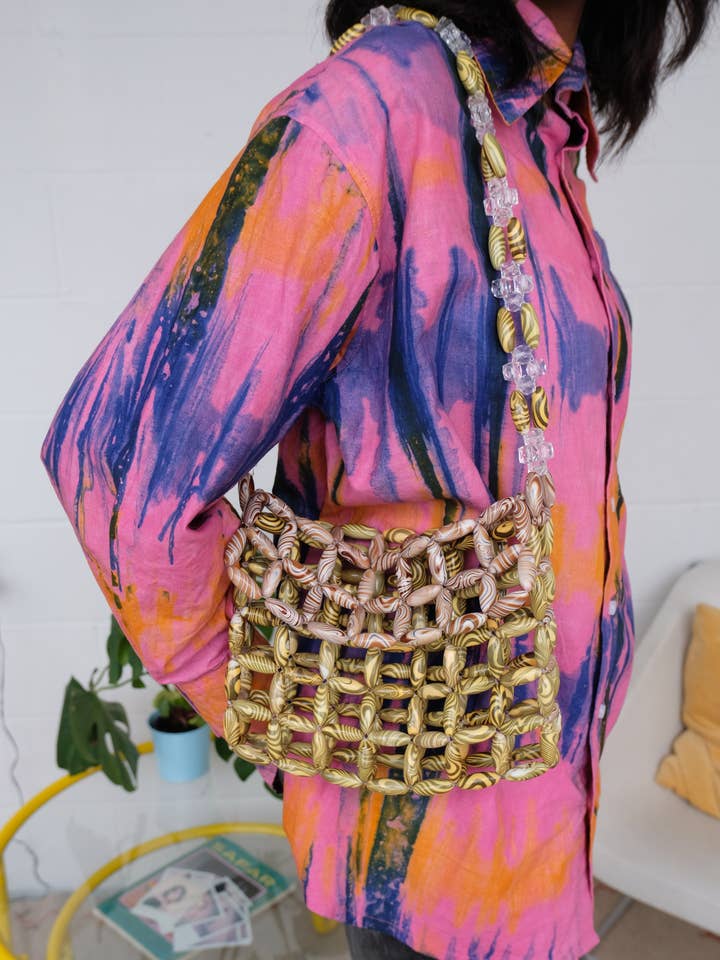 BB BAG | BEADED BAG | HANDMADE FASHIONABLE PURSE EMERALD GREEN/ COFFEE BROWN for wholesale by BATIK BOUTIK