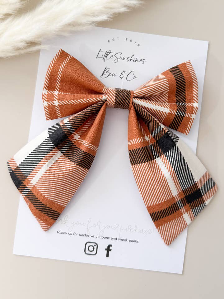 Burnt Orange Plaid Fall Sailor Bow for wholesale by Little Sunshines Bow & Co