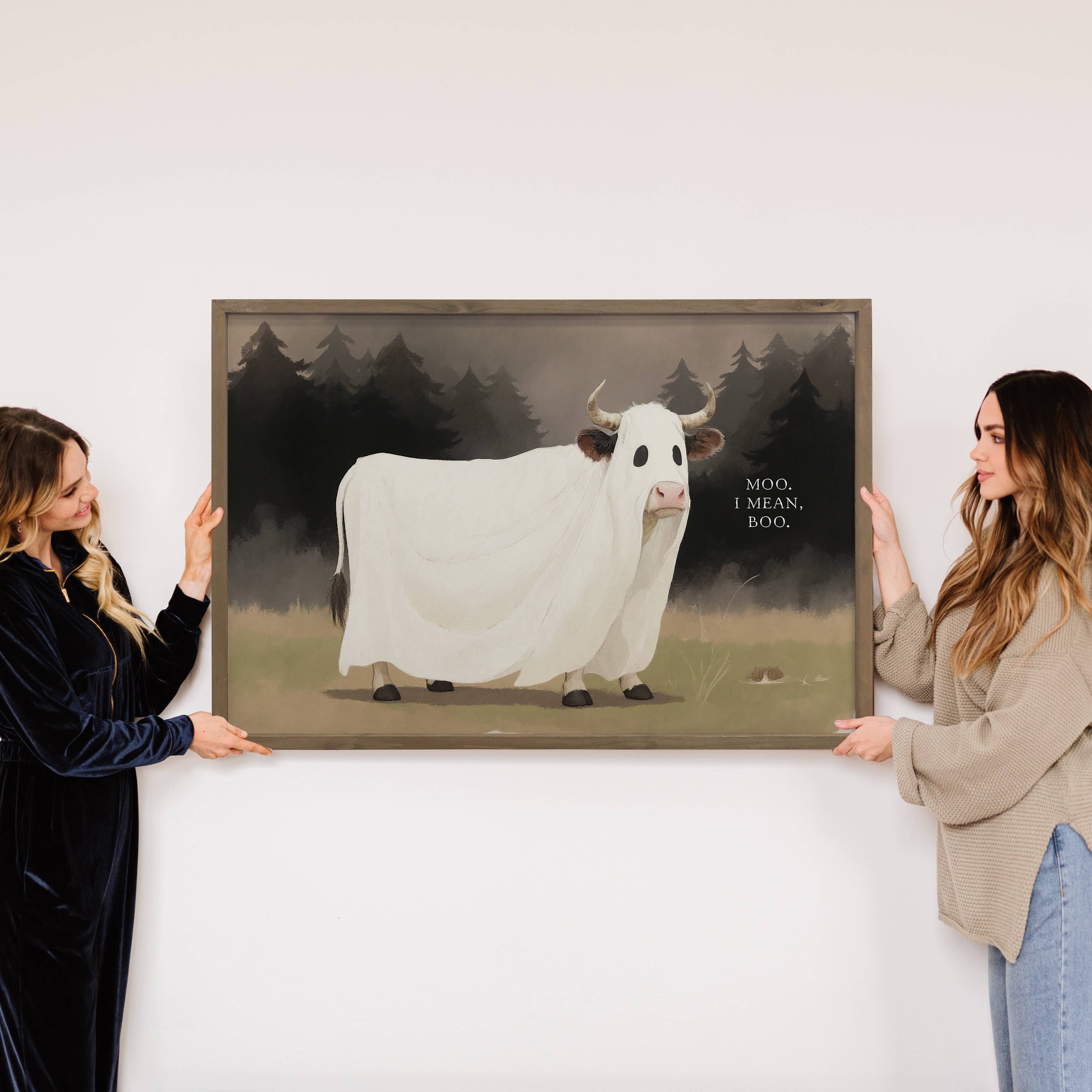 Hangout Home - Wholesale Art Print - Cow Ghost - Funny Cow Halloween Canvas Art - Wood Framed Art3