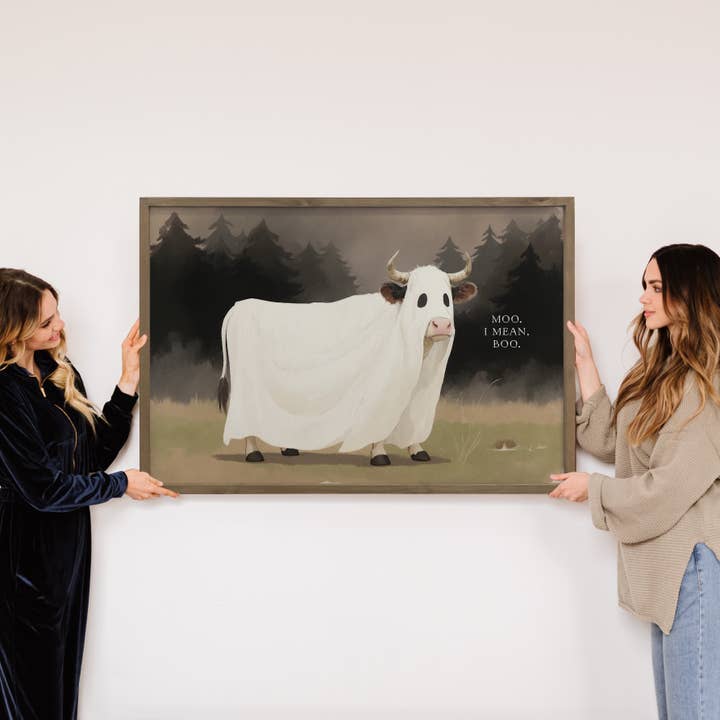 Hangout Home - Wholesale Art Print - Cow Ghost - Funny Cow Halloween Canvas Art - Wood Framed Art3