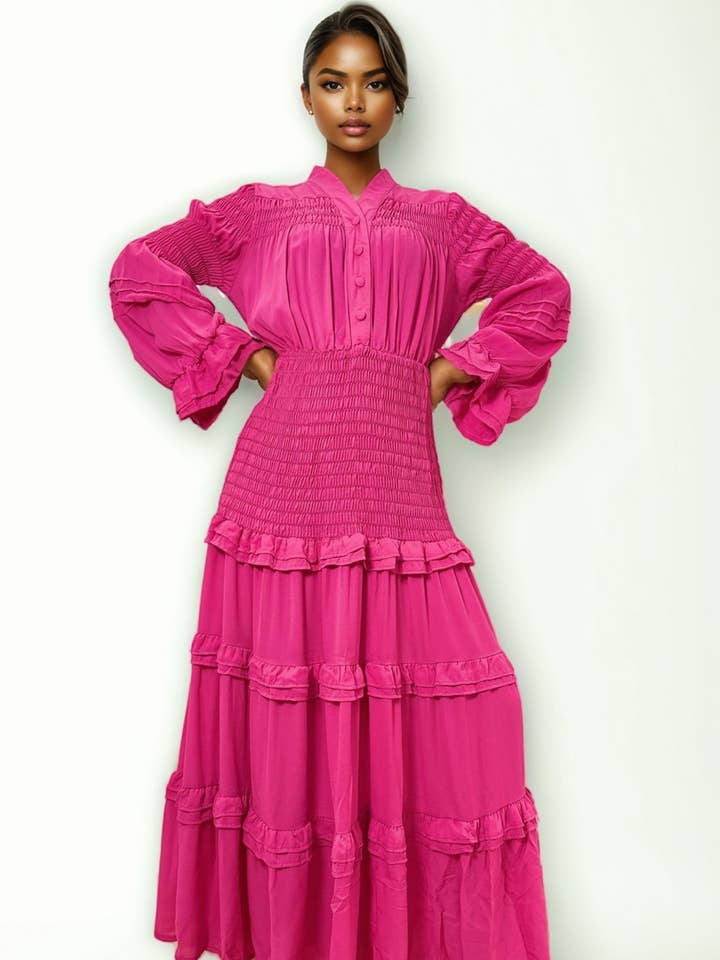 E7112 TIERED MAXI DRESS (PINK, GRN) for wholesale by N by Nancy