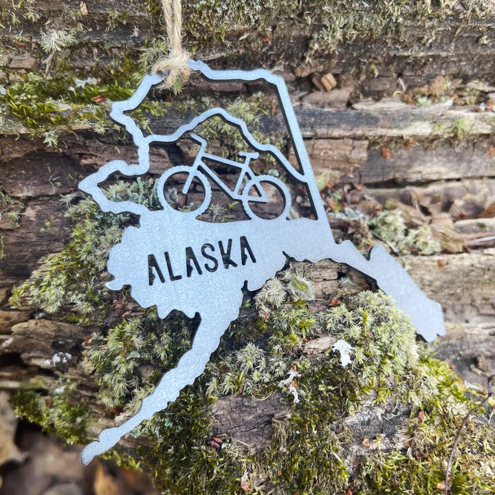 Alaska State Mountain Bike Raw Steel Ornament made in USA for wholesale by BE Creations & Designs, Inc.