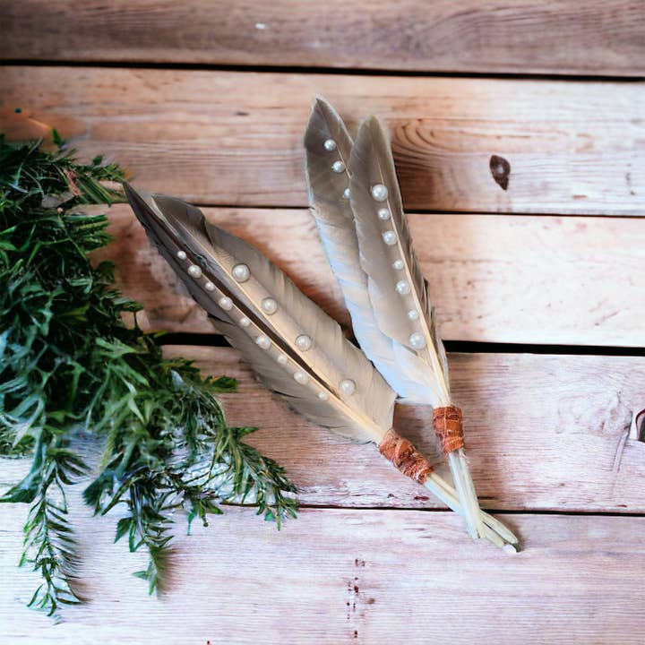Wild Indigo - Wholesale Hat Accessory - Women's - Pearled Feathers with Hand Wrapped Recycled Fabric