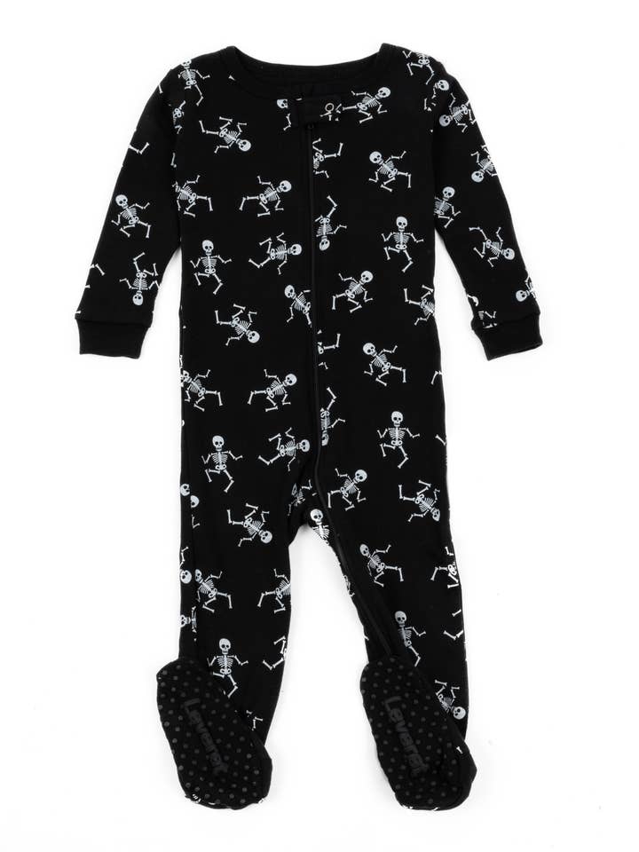 Kids Footed Cotton Pajama Skeleton Print for Halloween for wholesale by Leveret Pajamas